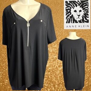 Anne Klein +2X Black Half Zip Neck Gold Metallic Stud Accent Short Sleeve Blouse